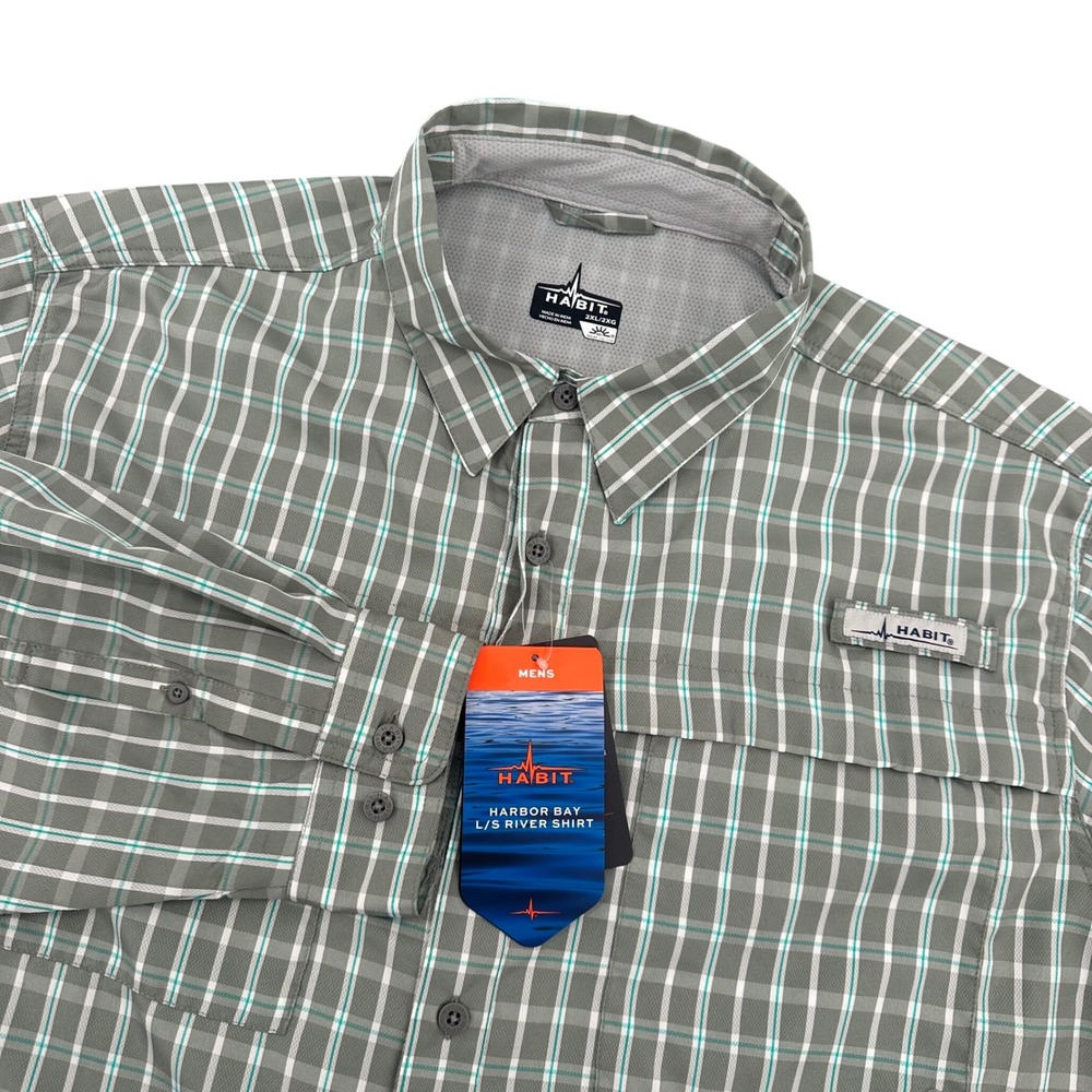 Habit Harbor Bay Mens 2XL River Shirt Long Sleeve Plaid Fishing Grey Teal UPF 40